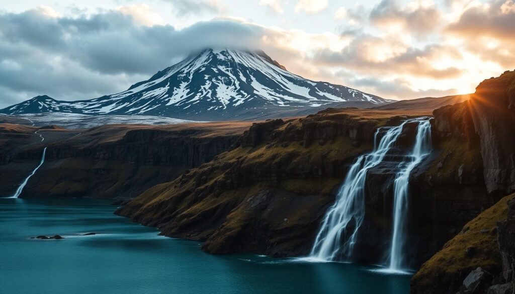 A breathtaking Icelandic landscape, with a rugged, snow-capped mountain in the background, its peaks piercing the sky. In the foreground, a pristine glacial lake reflects the dramatic, moody clouds above. Cascading waterfalls spill over the rocky cliffs, their waters shimmering in the soft, golden light of the setting sun. The scene exudes a sense of adventure and exploration, perfectly capturing the essence of Iceland's "Land of Fire and Ice". Captured with a wide-angle lens, this Travel Vibe image invites the viewer to embark on an unforgettable Icelandic adventure.