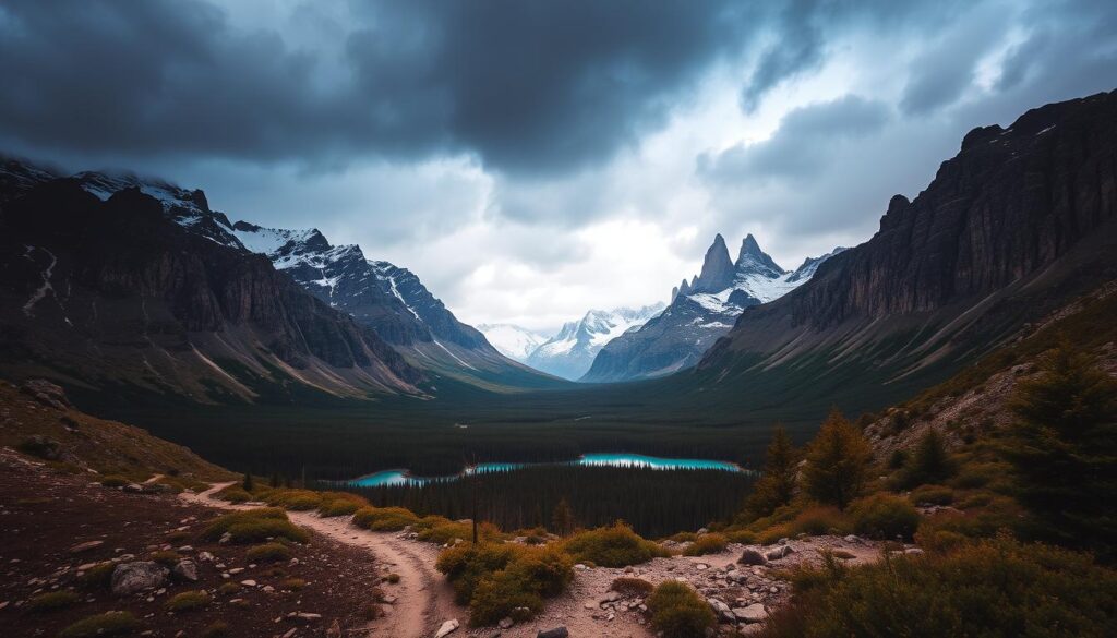 A breathtaking Patagonian landscape under a dramatic, moody sky. In the foreground, a rugged hiking trail winds through towering, snow-capped peaks, their jagged silhouettes reflecting in a crystal-clear alpine lake. Lush, verdant forests line the middle ground, while in the distance, the iconic horns of Torres del Paine National Park rise majestically. Captured with a wide-angle Travel Vibe lens, the scene exudes a sense of untamed wilderness and the thrill of adventure.