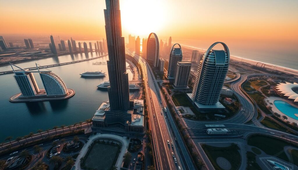 A breathtaking aerial view of Dubai's iconic skyline, bathed in the warm glow of the setting sun. In the foreground, the majestic Burj Khalifa towers majestically, its sleek, reflective façade mirroring the tranquil waters of the Marina. Surrounding it, a stunning display of architectural wonders, from the opulent Atlantis, The Palm resort to the futuristic Dubai Frame. The middle ground features lush palm-lined boulevards, where luxury cars and chauffeured limousines glide effortlessly. In the distance, the pristine beaches of Jumeirah and the shimmering Arabian Gulf create a breathtaking backdrop. Captured with a wide-angle lens, this image exudes the epitome of "Travel Vibe" - a symphony of opulence, modernity, and natural beauty that defines Dubai, the pinnacle of extravagance.