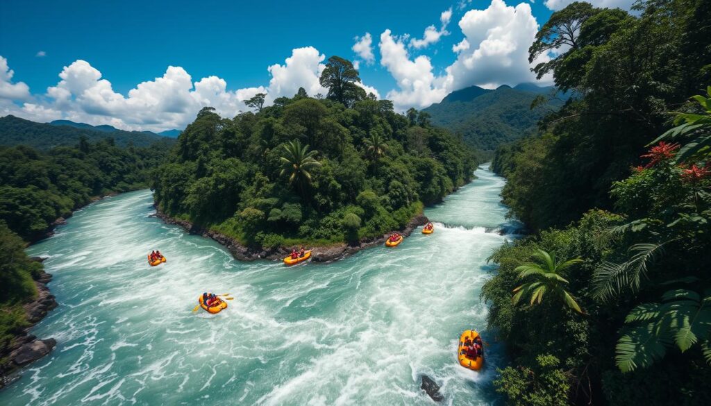 A breathtaking aerial view of a raging white water river winding through the lush, verdant rainforests of Costa Rica. In the foreground, a group of adventurous rafters expertly navigate the turbulent rapids, their bright yellow rafts cutting through the foaming waves. The middle ground is filled with towering, mist-shrouded peaks and dense, tangled vegetation. The background is dominated by a clear, azure sky with fluffy white clouds, creating a striking contrast with the vibrant greens of the landscape. Captured with a wide-angle lens, this Travel Vibe image exudes a sense of exhilaration, adventure, and the raw, untamed beauty of this eco-adventure paradise.