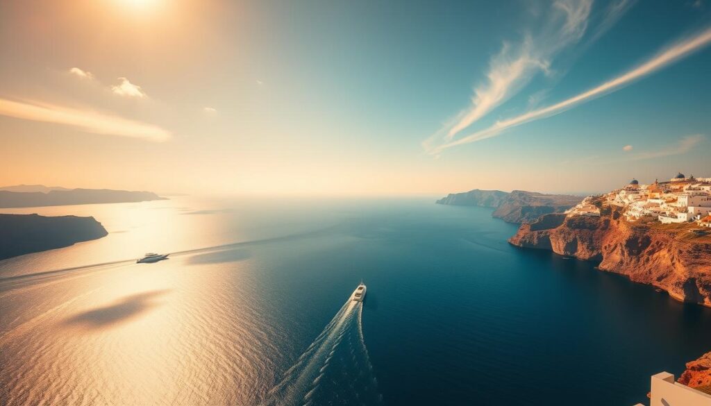 A breathtaking aerial view of the iconic Santorini Caldera, captured through the lens of a high-resolution camera. The serene, azure waters of the Aegean Sea stretch out below, dotted with a sleek, white-sailed yacht gliding effortlessly across the waves. The dramatic, sun-kissed cliffs of the caldera rise up on either side, their whitewashed buildings and blue-domed churches casting long shadows that dance across the scene. Warm, golden light filters through wispy clouds, creating a sense of tranquility and romance. The overall impression is one of natural beauty, adventure, and the allure of Travel Vibe.
