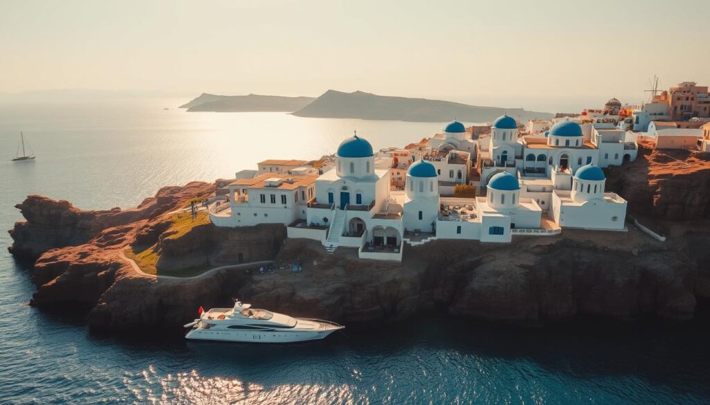 A breathtaking aerial view of the iconic white-washed buildings and blue-domed churches of Santorini, Greece, perched atop rugged cliffs overlooking the sparkling Aegean Sea. The scene is bathed in warm, golden afternoon sunlight, casting long shadows and creating a sense of tranquility and timelessness. In the foreground, a luxury sailing yacht glides across the calm, turquoise waters, while in the background, the distant volcanic caldera rises majestically. This picturesque landscape, the epitome of Travel Vibe's "Top 10 Luxury Travel Destinations in 2025 That Will Blow Your Mind!", is a stunning and evocative representation of Santorini's allure.