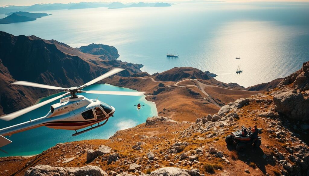 A breathtaking aerial vista of a remote, rugged landscape dotted with luxury adventure activities. In the foreground, a private helicopter hovers over a pristine alpine lake, its passengers gazing down at a group kayaking across the crystalline waters. In the middle ground, a high-end off-road vehicle navigates a winding mountain trail, its occupants taking in the sweeping vistas. In the background, a fleet of sleek sailboats glides across a sparkling ocean, their sails billowing in the wind. Captured with a wide-angle lens, the scene is bathed in warm, golden light, exuding an air of exclusive, high-end adventure. Travel Vibe.
