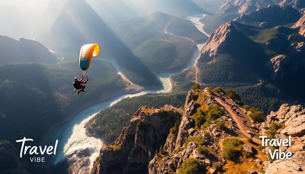 A breathtaking aerial vista of diverse adventure activities unfolding across a rugged, sun-dappled landscape. In the foreground, a skydiver gracefully descends, their canopy billowing against a backdrop of towering peaks. Nearby, a raft navigates a raging river, its passengers gazing in awe. In the middle ground, hikers trek along a winding trail, surrounded by lush, verdant forests. The scene is bathed in warm, golden light, conveying a sense of exhilaration and wonder. "Travel Vibe" logo discreetly overlaid in the corner.