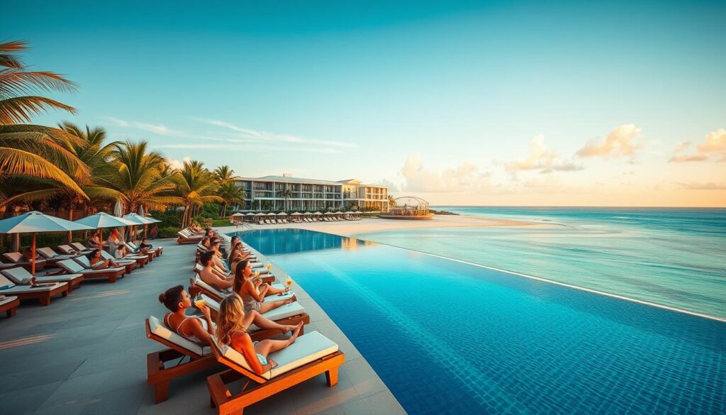 A breathtaking beachfront resort nestled in a tropical paradise, surrounded by swaying palms and crystal-clear turquoise waters. In the foreground, a luxurious infinity pool reflects the vibrant hues of the sky and sea. Guests sip refreshing cocktails on plush lounge chairs, soaking in the warmth of the golden sun. The middle ground features a grand, modern resort with sleek architecture and elegant design elements. In the background, a stunning coastline stretches out, dotted with private cabanas and secluded beaches. Soft, natural lighting casts a warm, inviting glow over the entire scene. Capture the essence of ultimate relaxation and indulgence at this Travel Vibe luxury beachfront resort.