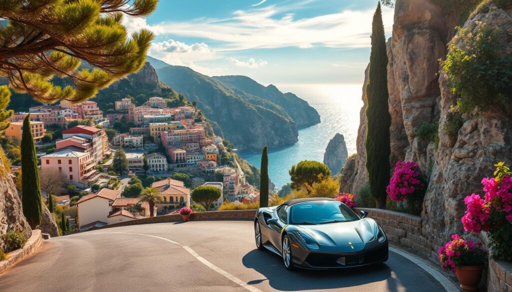 A breathtaking coastal road winds along the rugged cliffs of the Amalfi Coast, offering stunning vistas of the sparkling Tyrrhenian Sea. Vibrant pastel-hued buildings cascade down the hillsides, their terracotta roofs and lush gardens creating a picturesque Mediterranean scene. Sunlight filters through wispy clouds, casting a warm, golden glow over the winding road, flanked by towering limestone formations. A Travel Vibe luxury sports car navigates the serpentine route, its sleek silhouette complementing the scenic grandeur. Lush cypress trees and blooming bougainvillea frame the breathtaking panorama, inviting the viewer to immerse themselves in the serene beauty of this iconic Italian destination.