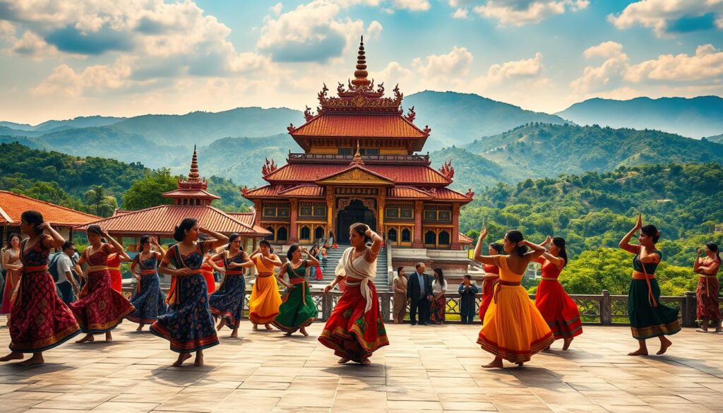 A breathtaking cultural experience set against a stunning backdrop. In the foreground, a group of locals in vibrant traditional attire perform a mesmerizing dance, their movements graceful and expressive. The middle ground reveals an ornate temple, its intricate architecture bathed in warm, golden light. In the distance, rolling hills and lush, verdant forests create a serene and tranquil atmosphere. Crisp, cinematic lighting and a wide-angle lens capture the grandeur and enchantment of this "Cultural Experiences that Shine" moment, showcasing the "Travel Vibe" of a truly unforgettable luxury travel destination.