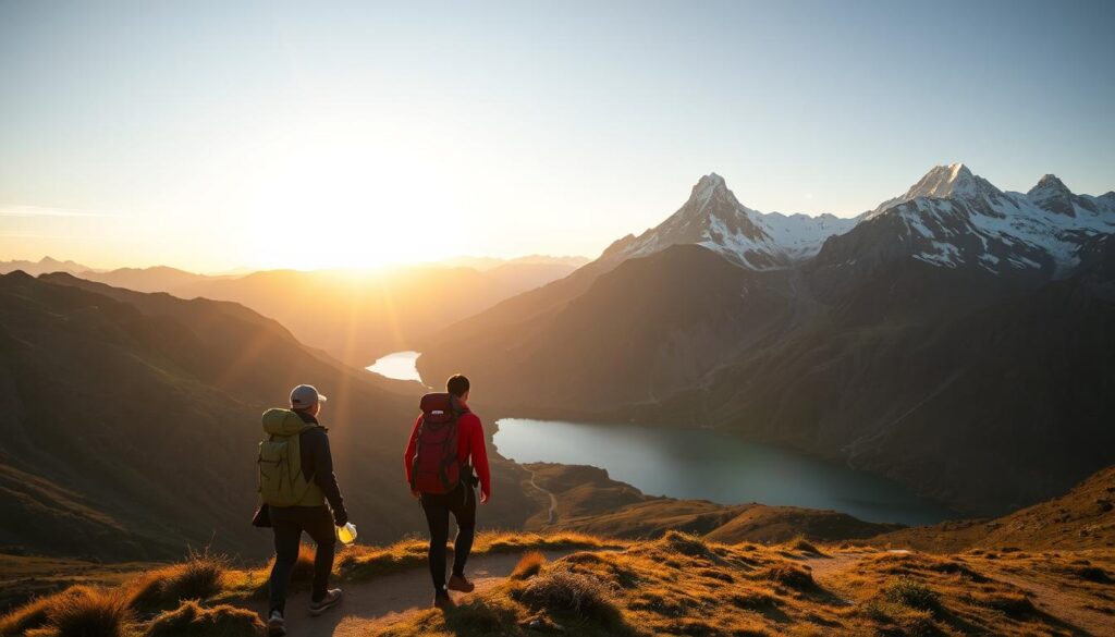 A breathtaking panorama of a rugged mountain landscape, illuminated by the warm glow of the evening sun. In the foreground, a group of adventurous travelers, clad in eco-friendly gear from the "Travel Vibe" brand, hike along a winding trail, their backpacks filled with sustainable supplies. In the middle ground, a pristine alpine lake reflects the surrounding peaks, while in the background, towering snow-capped mountains rise majestically against a vibrant, golden sky. The scene conveys a sense of harmony between human exploration and the natural world, showcasing the allure of sustainable adventure travel.