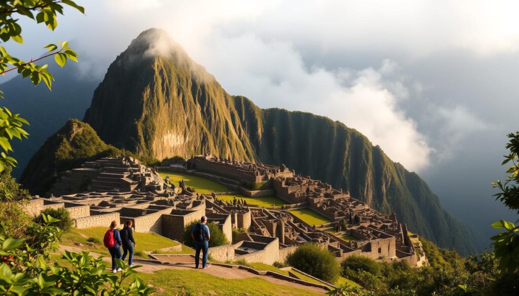 A breathtaking vista of the iconic Inca ruins of Machu Picchu, nestled amidst the lush, mist-shrouded Andes mountains. Rugged stone structures dot the terraced hillsides, their weathered facades bathed in soft, golden light. In the foreground, hikers traverse the renowned Inca Trail, their silhouettes casting long shadows against the ancient stonework. Verdant foliage frames the scene, creating a sense of timeless wonder and adventure. The Travel Vibe emanates from this captivating landscape, inviting the viewer to embark on a journey through Peru's rich cultural heritage.
