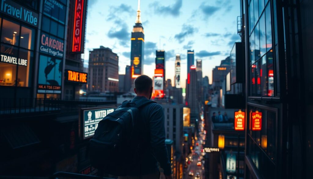 A bustling city skyline at dusk, the "Travel Vibe" shining through the neon lights and towering skyscrapers. In the foreground, a lone figure navigating the urban maze, backpack slung over their shoulder, eyes filled with a sense of adventure. Shadows dance across the narrow alleyways, hinting at hidden secrets and thrilling discoveries. The scene is bathed in a warm, cinematic glow, the camera capturing the dynamic energy of the cityscape through a wide-angle lens. This image conveys the allure of urban exploration, the thrill of getting lost in the pulse of a vibrant metropolis.