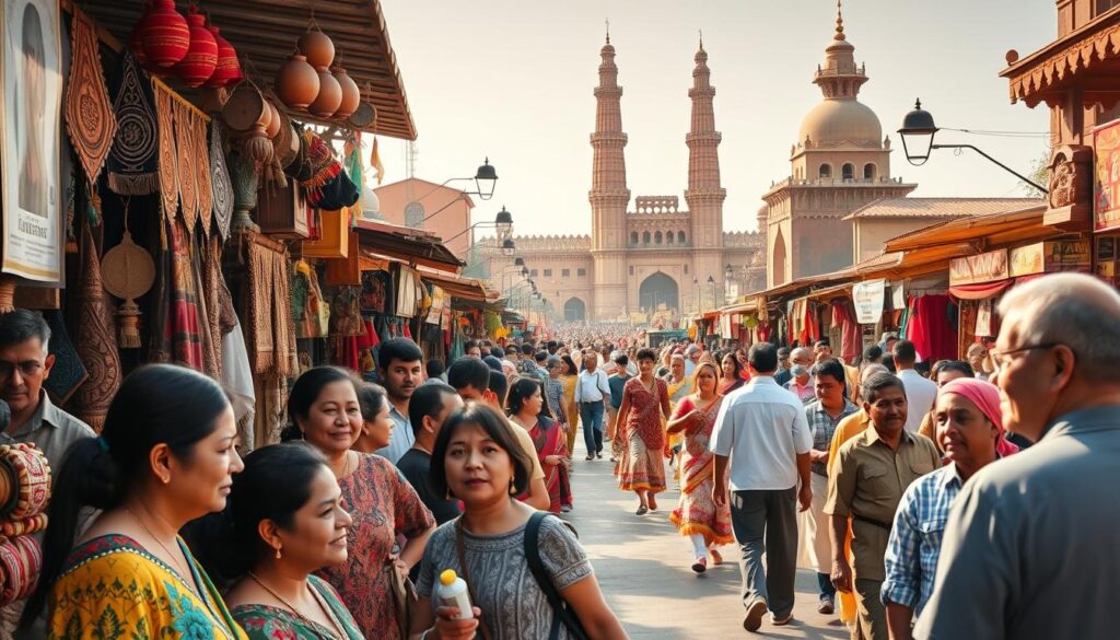A bustling street market in a vibrant cultural hub, brimming with the sights, sounds, and aromas of diverse traditions. Intricate handcrafted wares, from vibrant textiles to intricate woodcarvings, line the stalls, drawing the eye of curious travelers. In the foreground, a group of locals engage in lively conversation, their faces aglow in the warm, golden light of the afternoon sun. In the middle ground, a colorful procession of dancers and musicians weaves through the crowd, their movements and melodies captivating onlookers. In the background, towering monuments and ornate architecture serve as a majestic backdrop, showcasing the rich heritage of the region. This is the essence of a "Cultural Escapade" - an immersive exploration of the world's diverse cultural tapestry. Travel Vibe.
