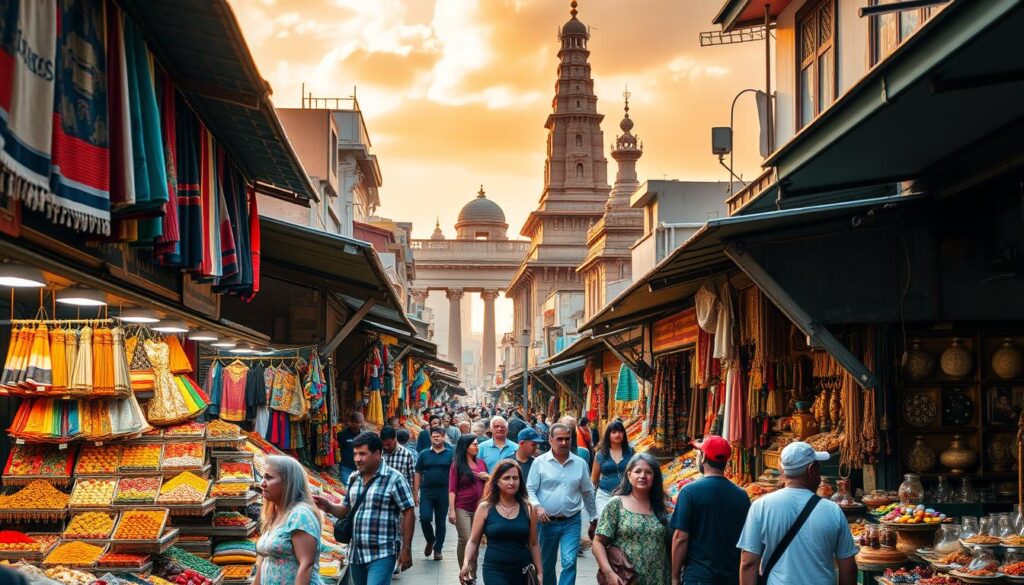 A bustling street market in a vibrant, culturally diverse city. In the foreground, vendors display an array of colorful wares - handcrafted textiles, fragrant spices, and intricate trinkets. Pedestrians weave through the crowded pathways, faces alight with curiosity and wonder. In the middle ground, towering buildings in a blend of architectural styles rise up, hinting at the rich history and traditions of the region. The sky above is bathed in warm, golden light, creating a sense of timeless, immersive atmosphere. Travel Vibe