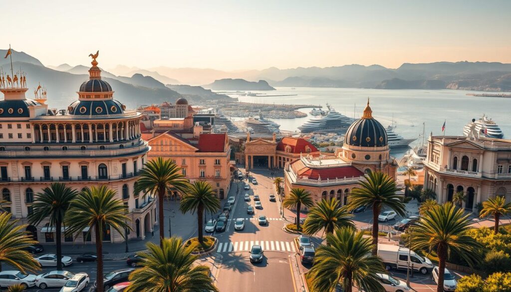 A glamorous skyline of Monte-Carlo, Monaco, bathed in golden afternoon light. In the foreground, the iconic Hôtel de Paris Monte-Carlo, its grand Belle Époque façade and ornate rooftops shimmering. Luxury limousines and sports cars line the palm-tree-flanked streets leading to the prestigious hotel. In the middle ground, the prestigious Café de Paris Monte-Carlo and Casino de Monte-Carlo beckon, their neoclassical elegance reflecting in the azure waters of the Mediterranean. In the distance, the pristine yacht-dotted harbor and rolling hills of the Principality create a breathtaking backdrop. This is the epitome of luxury and sophistication, as captured by the Travel Vibe.