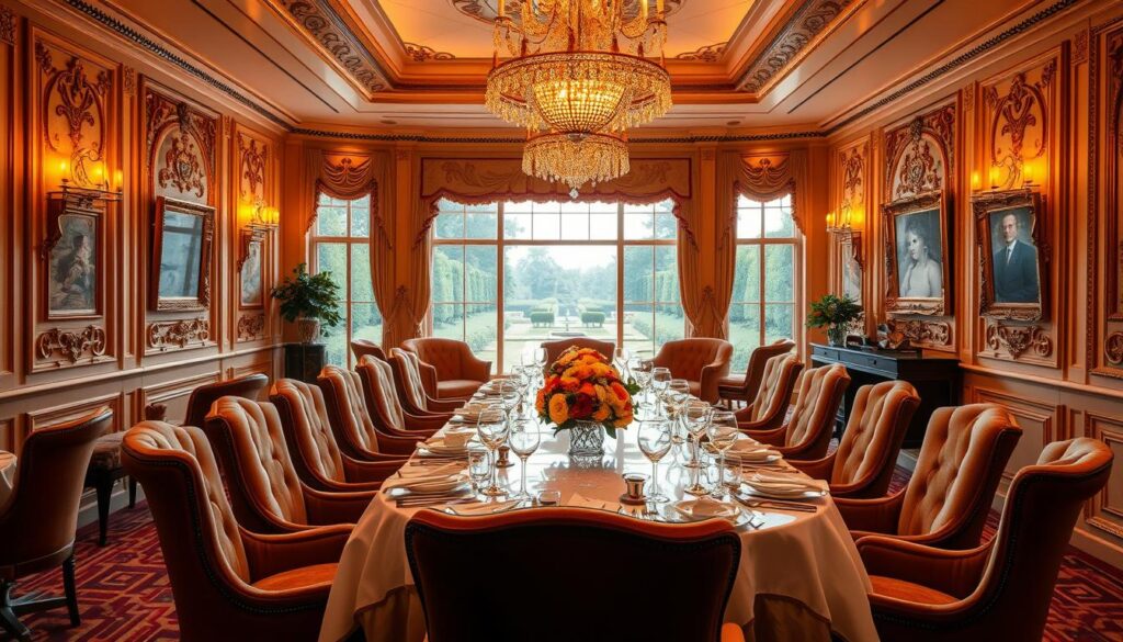A lavish dining room bathed in warm, golden light from ornate chandeliers. The table is set with gleaming silver cutlery, fine bone china, and a centerpiece of fresh flowers. Plush velvet chairs surround the table, inviting guests to sink into their luxurious comfort. The walls are adorned with intricate wall panels and art pieces, creating an atmosphere of refined elegance. A large window offers a breathtaking view of a manicured garden, blending the indoor and outdoor spaces. The overall ambiance exudes a sense of exclusivity and the "Travel Vibe" of a high-end dining experience reserved for the elite.
