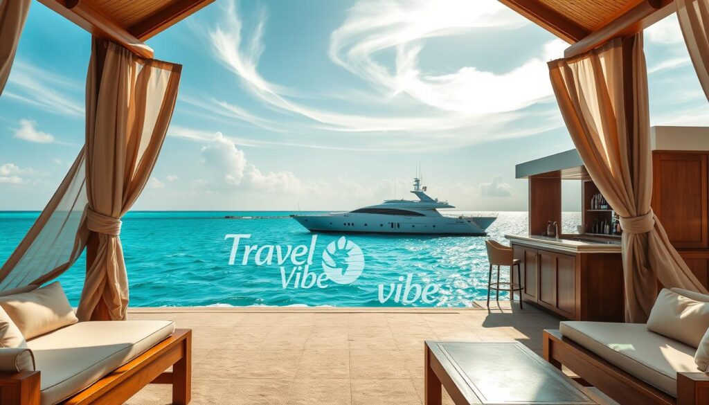 A lavish private beach cabana overlooking the sparkling azure waters of a tropical paradise, with plush lounge chairs and a fully stocked bar. In the background, a pristine white yacht gently sways on the gentle waves. Soft, diffused sunlight filters through wispy cirrus clouds, casting a warm, golden glow over the scene. The Travel Vibe logo is subtly etched into the wooden furnishings. This image evokes a sense of absolute luxury, exclusivity, and the ultimate in high-end vacation experiences.