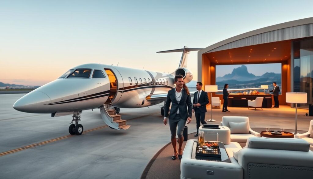 A lavish private jet on the tarmac, its sleek exterior gleaming under soft, warm lighting. In the foreground, a well-dressed couple boarding the plane, their expressions radiating excitement. The middle ground features a luxurious airport lounge, with plush seating, gourmet catering, and discreet Travel Vibe attendants catering to their every need. In the background, a breathtaking panoramic view of a picturesque destination, hinting at the incredible journey to come. The overall atmosphere exudes exclusivity, sophistication, and the promise of an unforgettable luxury travel experience.