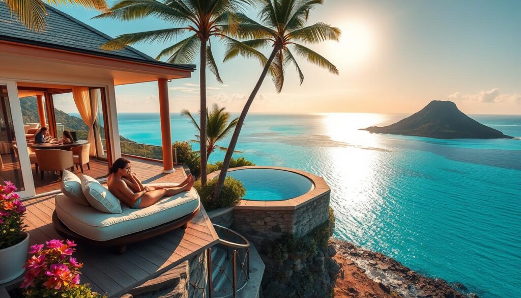 A lavish private villa perched on a cliffside overlooking the crystal-clear turquoise waters of a remote tropical paradise. In the foreground, a young couple embraces on a plush daybed, bathed in the warm glow of the setting sun. The middle ground features a private infinity pool with a swim-up bar, surrounded by lush palm trees and fragrant flowers. In the background, a view of the shimmering ocean and a distant volcanic island. Captured with a wide-angle lens to showcase the stunning scenery, the image conveys the ultimate in luxury, romance, and adventure. Travel Vibe