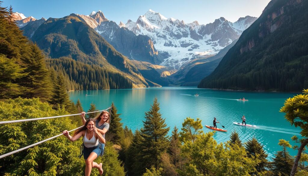 A lush, expansive landscape of New Zealand's stunning natural beauty, showcasing its world-renowned adventure activities. In the foreground, a group of thrill-seekers zip-lining through a dense, verdant forest, their expressions exhilarated. In the middle ground, a crystal-clear lake surrounded by rugged, snow-capped peaks, with adventurers kayaking and stand-up paddleboarding across its serene surface. In the background, a towering, majestic mountain range bathed in warm, golden sunlight, creating a sense of grandeur and wonder. The scene is captured with a wide-angle lens, highlighting the scale and diversity of New Zealand's adventure playground. Travel Vibe.
