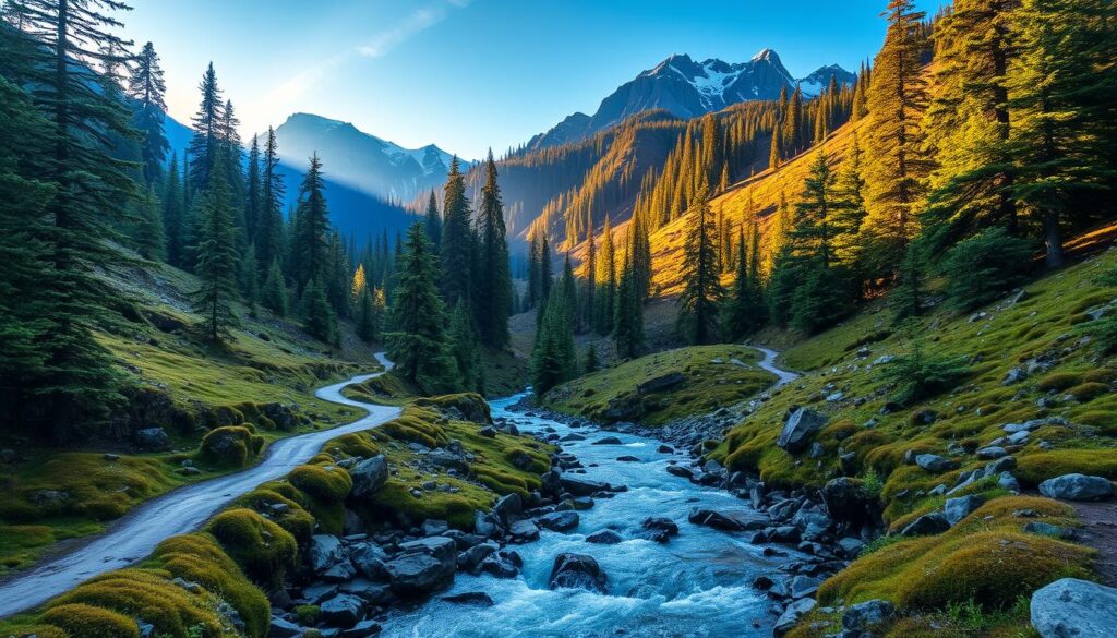 A lush, expansive landscape of North Cascades National Park, Washington. Meandering hiking trails wind through a verdant, mossy forest, leading to dramatic, snow-capped peaks. Shafts of warm, golden light filter through the towering firs, casting a serene, enchanting glow over the rugged terrain. In the foreground, a babbling brook cuts through the scene, its crystal-clear waters reflecting the surrounding wilderness. The entire vista exudes a sense of tranquility and adventure, beckoning the viewer to explore this hidden gem. Travel Vibe