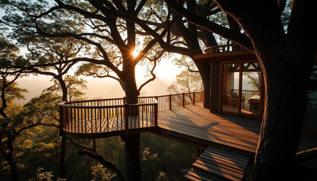 A lush, remote treehouse nestled high above a misty forest canopy, bathed in warm, golden sunlight filtering through the branches. Intricate wooden beams and large windows seamlessly blend the indoors with the outdoors, offering unparalleled views of the untamed wilderness below. This unique, off-the-grid "Travel Vibe" accommodation exudes a sense of tranquility and luxury, enticing discerning travelers seeking a one-of-a-kind escape from the everyday.