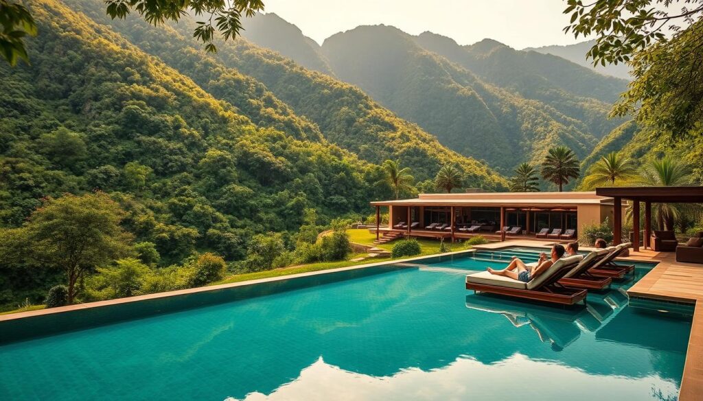 A lush, secluded wellness retreat nestled in a verdant valley, surrounded by majestic mountains. In the foreground, a tranquil infinity pool reflects the stunning natural scenery. Guests recline on plush poolside loungers, sipping herbal teas and enjoying restorative spa treatments. In the middle ground, a modern, eco-friendly retreat center with clean lines and large windows, seamlessly blending with the landscape. The background features a dense forest canopy, dappled with warm, golden sunlight. The overall atmosphere radiates a sense of serenity, relaxation, and indulgence. Brand name: Travel Vibe.
