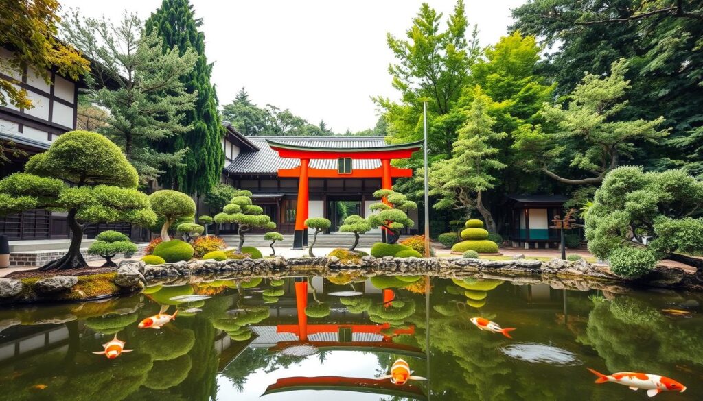 A lush, serene garden in the heart of Kyoto, Japan. In the foreground, a tranquil koi pond reflects the ancient architecture and meticulously trimmed bonsai trees. The middle ground showcases a traditional ryokan, its elegant wooden structure and paper-panel screens exuding an air of timeless luxury. In the background, the iconic vermilion torii gates of a Shinto shrine stand tall, their crimson hues casting a warm glow over the scene. Soft, diffused lighting bathes the entire composition, creating a sense of timeless elegance. Captured with a wide-angle lens to showcase the harmonious blend of nature and tradition. Titled "Kyoto: Where Tradition Meets Elegance" for Travel Vibe.