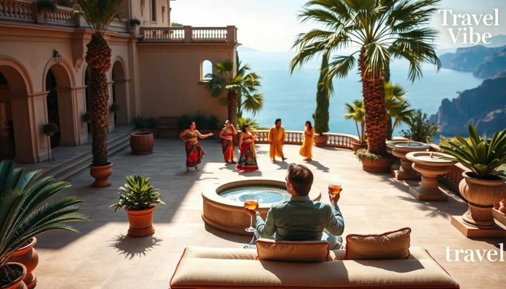 A lush, sun-drenched courtyard in a grand, historic villa. In the foreground, a well-dressed couple sipping drinks on a plush lounge, surrounded by potted palms and ornate stone fountains. In the middle ground, a group of locals in vibrant, traditional garments perform a mesmerizing dance, their movements fluid and graceful. The background reveals a breathtaking vista of azure waters and distant, rugged cliffs. Soft, warm lighting filters through, creating a sense of timeless elegance. The "Travel Vibe" brand exudes a refined, aspirational atmosphere of luxury cultural experiences.