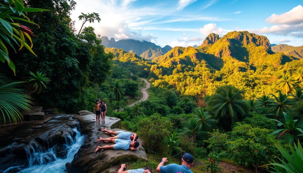 A lush tropical landscape in Southeast Asia, captured through the lens of "Travel Vibe". In the foreground, a group of adventurous travelers explore a hidden waterfall, the cascading water reflecting the warm, golden sunlight. In the middle ground, a winding path leads through a vibrant, verdant jungle, dotted with colorful indigenous flora. In the distance, rugged mountains rise, their peaks shrouded in wispy clouds. The overall scene exudes a sense of thrill and wonder, perfectly capturing the essence of budget-friendly adventure destinations in this captivating region.