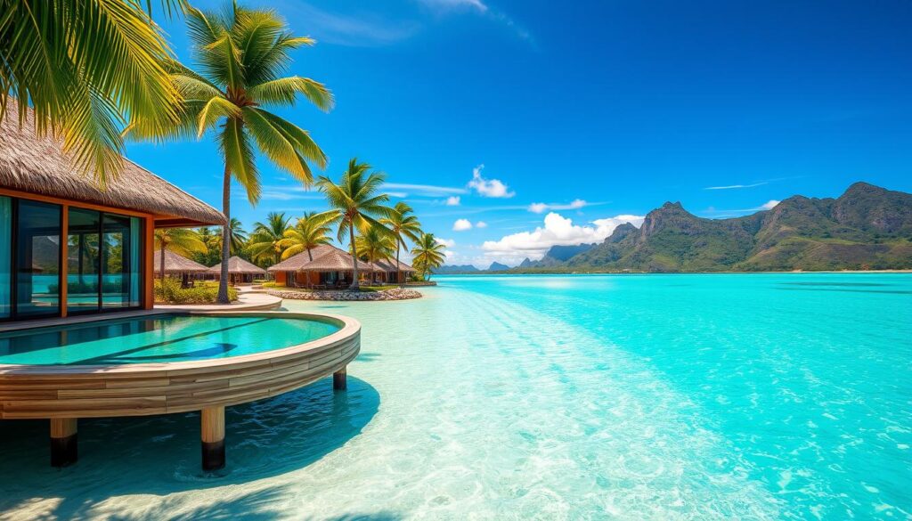 A lush, tropical paradise with crystalline azure waters lapping against pristine white-sand beaches. In the foreground, a luxurious overwater villa with a private infinity pool and sun deck, its thatched roof and glass walls reflecting the warm, golden sunlight. In the middle ground, palm trees sway gently, their fronds casting playful shadows on the resort's tranquil grounds. In the distance, rugged, lush hills rise up, shrouded in wispy clouds. The scene exudes an air of secluded, unspoiled serenity - the ultimate all-inclusive luxury honeymoon retreat. Shot with a wide-angle lens to capture the full scope of this idyllic "Travel Vibe" resort.