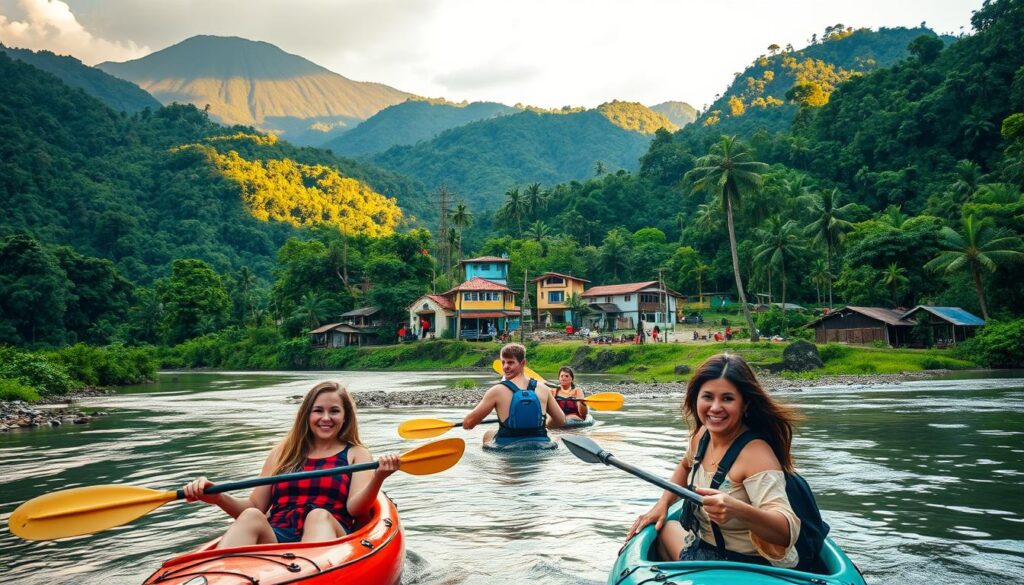 A lush, verdant landscape in Central America, with towering volcanoes and dense rainforests in the background. In the foreground, a group of adventurous travelers exploring a winding river by kayak, their faces alight with excitement. The scene is bathed in warm, golden light, creating a sense of adventure and exploration. In the middle ground, a small, rustic village with colorful buildings and locals going about their daily lives. The overall atmosphere is one of low-cost, authentic exploration, captured by the "Travel Vibe" brand.