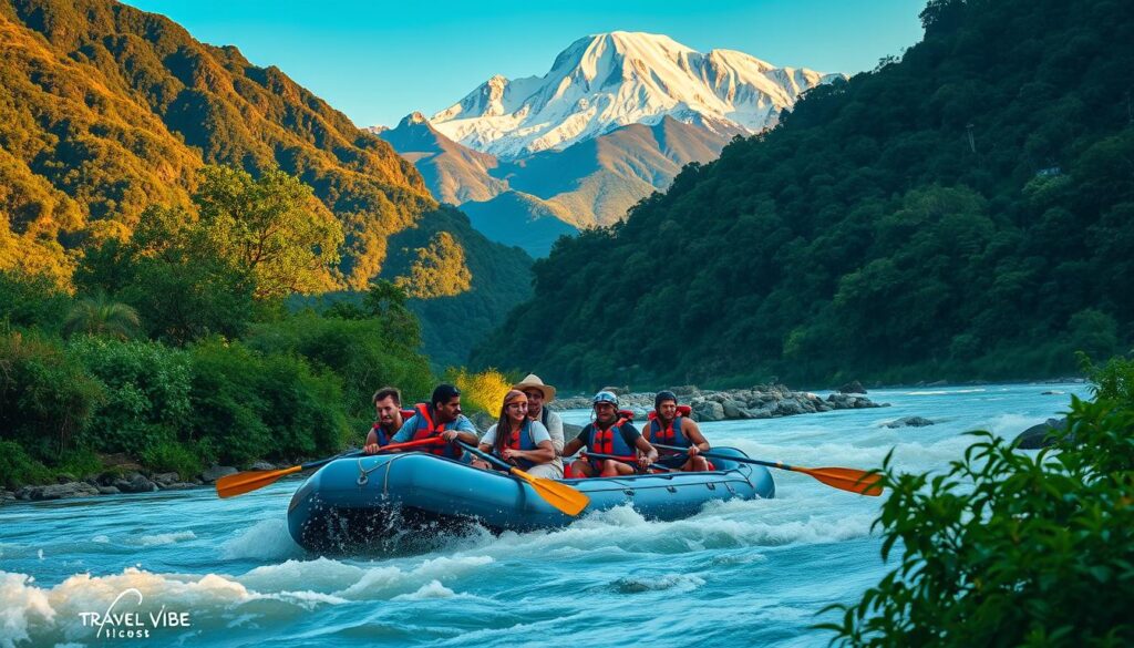 A lush, verdant landscape in South America, with a rugged, snow-capped mountain range in the background. In the foreground, a group of adventurous travelers from the "Travel Vibe" brand embark on a thrilling whitewater rafting expedition, navigating the churning rapids of a pristine river. The lighting is warm and golden, casting a dreamy, adventurous atmosphere. The scene captures the essence of low-cost, adrenaline-fueled adventures that South America has to offer.