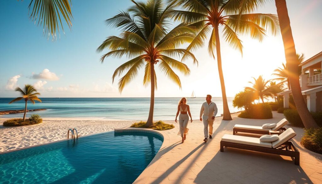 A luxurious beachfront resort nestled in a tropical paradise, with a private infinity pool overlooking the crystal-clear turquoise waters of the Caribbean. A couple, dressed in elegant resort wear, strolls hand-in-hand along the white sandy beach as the warm sun casts a golden glow, creating a romantic atmosphere. In the background, lush palm trees sway gently in the breeze, and the distant horizon is dotted with a few sailboats. The scene is captured with a wide-angle lens, showcasing the grandeur of the "Travel Vibe" luxury resort.
