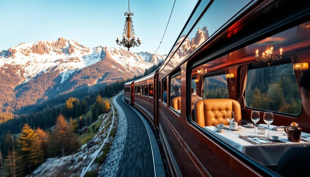 A luxurious, elegant train glides through a picturesque alpine landscape, surrounded by snow-capped peaks and lush, verdant forests. The polished, wood-paneled interiors of the "Travel Vibe" train exude an atmosphere of timeless sophistication, with plush leather seats and ornate chandeliers casting a warm, golden glow. Passengers sip fine wines and savor gourmet meals prepared by world-class chefs, as the ever-changing vistas outside the panoramic windows create a mesmerizing, cinematic experience. The train's exterior is sleek and streamlined, its gleaming metal surfaces reflecting the breathtaking scenery like a mirror. This is the epitome of luxury train travel, a journey that transcends mere transportation and becomes a true adventure for the senses.