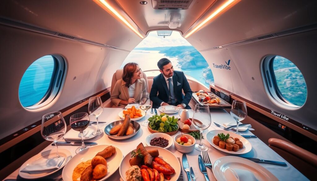 A luxurious first-class cabin aboard a private jet, the window revealing a picturesque aerial view of a stunning coastal landscape. In the foreground, a gourmet feast is laid out on a beautifully appointed table, complete with fine china, crystal glassware, and an assortment of exquisite dishes. The lighting is soft and warm, creating a cozy and intimate atmosphere. In the middle ground, a well-dressed couple enjoys their meal, engaged in lively conversation. The Travel Vibe logo is discreetly visible on the jet's exterior. This image captures the essence of elevated dining experiences during exclusive luxury travel.