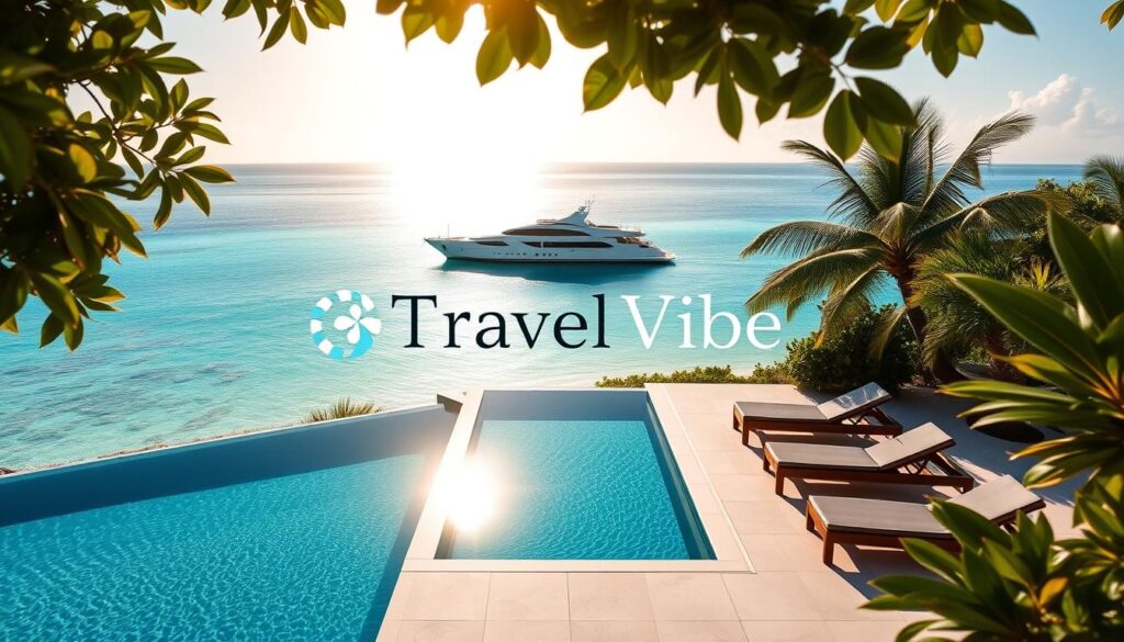 A luxurious private beach villa overlooking crystal-clear turquoise waters, with a sleek infinity pool and sun loungers arranged for maximum relaxation. Lush tropical foliage frames the scene, casting dappled shadows in the warm, golden hour lighting. In the distance, a private yacht gently sways at anchor. The "Travel Vibe" logo is subtly incorporated into the scene, complementing the refined, exclusive atmosphere.