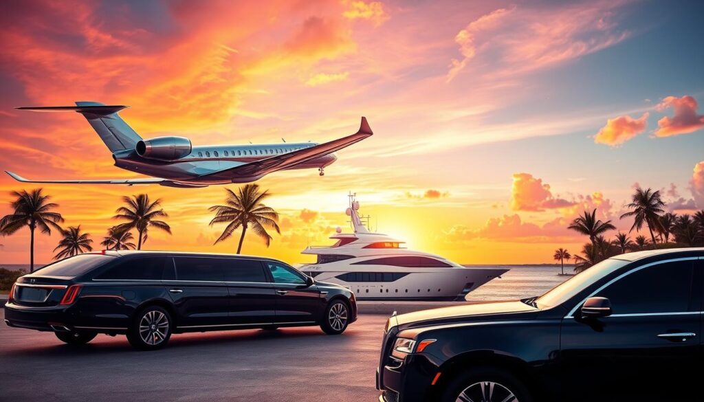 A luxurious private jet glides across a vibrant sunset sky, its sleek silver fuselage reflecting the warm hues. In the foreground, a chauffeur-driven limousine waits, its glossy black exterior and tinted windows signifying the utmost in exclusive transport. The middle ground features a magnificent superyacht, its towering masts and gleaming white hull commanding attention. In the background, a sprawling tropical paradise unfolds, with swaying palm trees and azure waters. The overall scene exudes an atmosphere of unparalleled sophistication and opulence, befitting the "Travel Vibe" luxury travel packages.