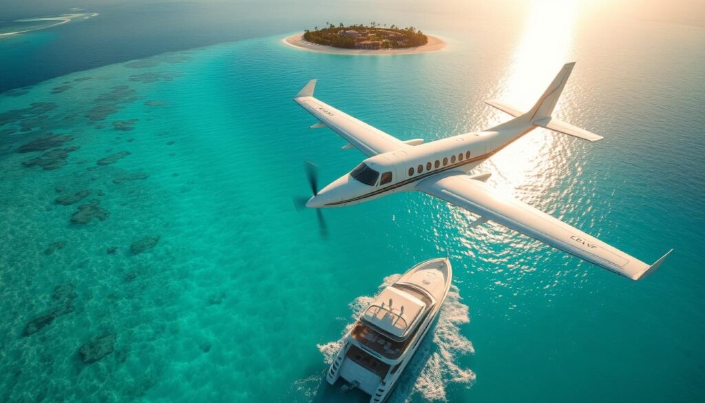 A luxurious seaplane soaring over crystal-clear turquoise waters, its sleek fuselage reflecting the warm rays of the sun. Below, a private yacht glides through the waves, its deck adorned with plush loungers and a fully-stocked bar. In the distance, a secluded tropical island beckons, its lush foliage and white-sand beaches promising unforgettable adventures. The scene exudes an air of exclusivity and sophistication, capturing the essence of "Travel Vibe" - a world-class luxury travel experience.