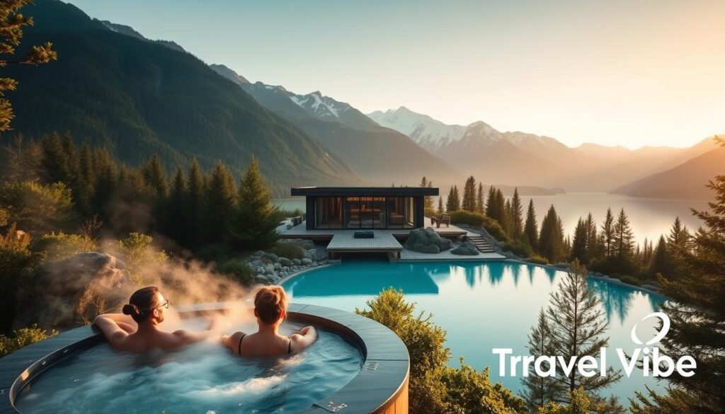 A luxurious spa retreat nestled amidst lush, verdant foliage, surrounded by towering mountains and a serene, turquoise lake. In the foreground, a couple relaxes in an outdoor hot tub, steam rising gently, as they gaze out over the breathtaking landscape. Soft, diffused lighting illuminates the scene, creating a warm, intimate atmosphere. In the middle ground, a wooden deck leads to a modern, minimalist spa building, its clean lines and large windows blending seamlessly with the natural environment. The background is filled with a panorama of snow-capped peaks, their jagged silhouettes reflected in the still waters of the lake. The Travel Vibe logo subtly appears in the corner, complementing the overall luxurious and tranquil ambiance.