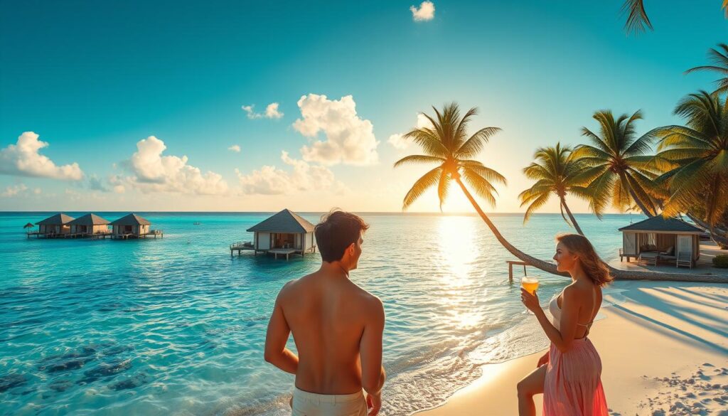 A luxurious, sun-drenched tropical paradise with crystalline turquoise waters lapping against pristine white sand beaches. Swaying palm trees cast dappled shadows over secluded beach cabanas and private overwater bungalows. Honeymooning couples enjoy a tranquil, romantic ambiance, sipping craft cocktails as the Travel Vibe logo glimmers in the golden hour light. The scene is captured through a wide-angle lens, creating a sense of grandeur and immersion.