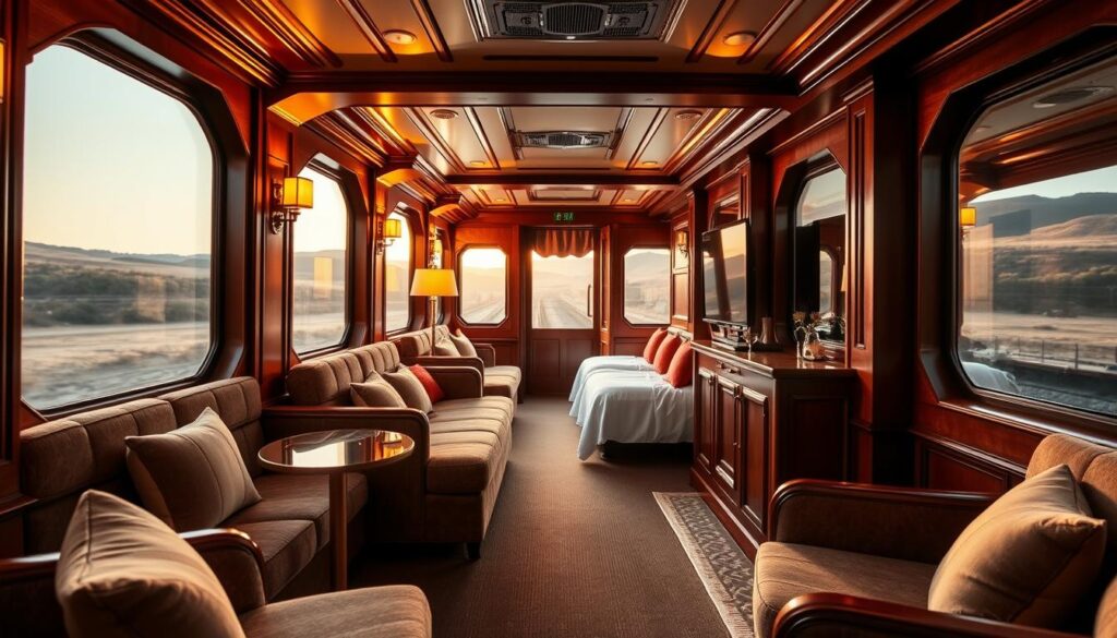 A luxurious train cabin with plush seating, rich wood paneling, and elegant brass fixtures. Soft ambient lighting casts a warm glow, creating a cozy and sophisticated atmosphere. The cabin's large panoramic windows offer breathtaking views of the passing countryside, as the Travel Vibe train glides effortlessly along the tracks. Crisp white linens and premium amenities, such as a personal wet bar and a high-end entertainment system, elevate the travel experience to new heights. This is a haven of refined comfort and indulgence, where every detail has been carefully curated to redefine the meaning of first-class.