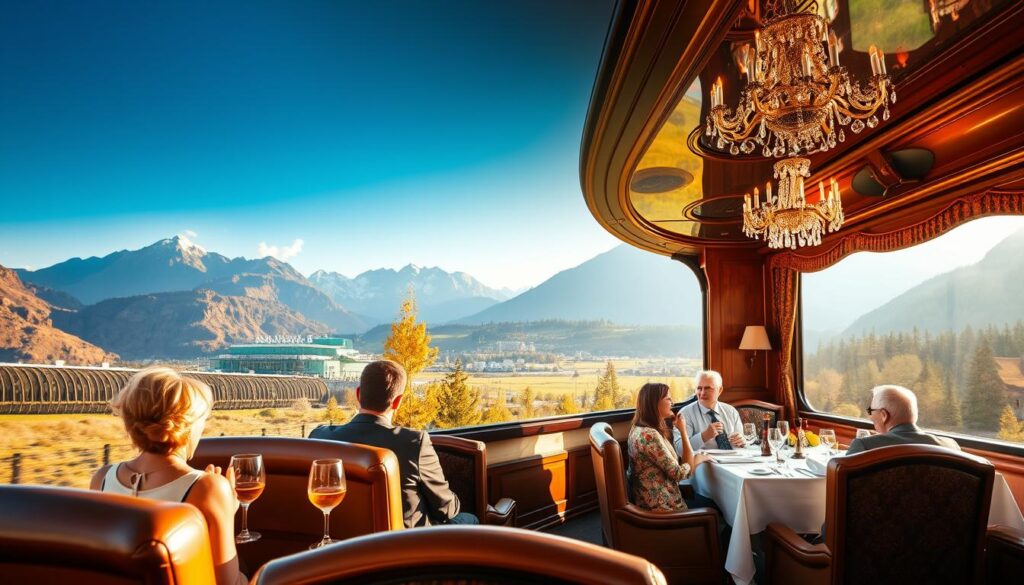 A luxurious train carriage glides through a breathtaking landscape, bathed in warm, golden light. In the foreground, well-dressed passengers relax in plush, leather-upholstered seats, enjoying a glass of fine wine and gazing out at the passing countryside. In the middle ground, a richly decorated dining car invites guests to indulge in a sumptuous meal, surrounded by intricate wood paneling and crystal chandeliers. In the background, majestic mountains and lush forests frame the scene, creating a sense of tranquility and exclusivity. This is the epitome of "Travel Vibe" luxury train journeys, where cultural experiences and first-class amenities converge for an unforgettable adventure.