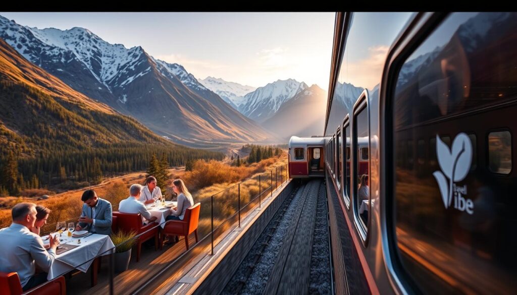 A luxurious train gliding through a majestic mountain landscape, its sleek silver exterior gleaming in the warm afternoon light. Passengers sip fine wines and savor gourmet meals in the elegant dining car, surrounded by rich mahogany panels and plush leather seating. In the observation lounge, they gaze out at snow-capped peaks and verdant valleys, the train's steady rhythm lulling them into a state of tranquil contemplation. The "Travel Vibe" logo is subtly emblazoned on the train's exterior, a symbol of the exceptional service and unforgettable experiences that define this iconic journey.