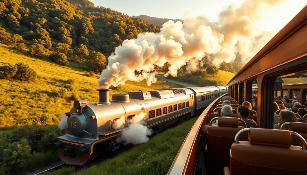 A luxury train carving through a lush, verdant landscape, its sleek, silver exterior gleaming in the soft, golden light of a setting sun. Billowing plumes of steam from the locomotive's engine, a testament to its powerful yet efficient performance. Passengers gaze out from the panoramic windows, marveling at the pristine natural scenery passing by. The interior exudes an air of sophistication and comfort, with rich, wooden accents and sumptuous leather seating. Onboard, a focus on sustainability is evident, from the use of renewable energy sources to the eco-friendly materials and practices. This is the essence of Travel Vibe's luxury train journeys, where first-class travel meets environmental responsibility.