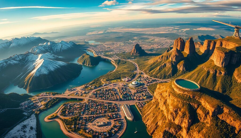 A majestic aerial vista of the world's most captivating adventure travel destinations in 2025. The foreground showcases a diverse array of iconic landmarks and natural wonders - towering snow-capped peaks, lush tropical rainforests, serene alpine lakes, and rugged coastal cliffs. The mid-ground reveals vibrant cities and cultural hubs, bustling with outdoor enthusiasts and ecotourists. The background is a breathtaking panorama of sweeping vistas, bathed in warm, golden hour lighting captured through a wide-angle lens. The entire scene exudes a sense of wanderlust and possibility, embodying the spirit of "Travel Vibe" - an invitation to embark on unforgettable adventures.