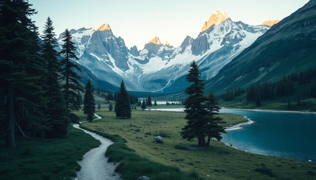 A majestic landscape of the Torres del Paine Circuit, Chile, captured in a Travel Vibe cinematic style. The jagged granite peaks of the Paine Massif loom in the distance, their snow-capped summits glowing under warm golden light. In the foreground, a winding trail leads through a lush meadow, flanked by towering beech trees. A crystal-clear lake reflects the stunning scenery, its turquoise waters shimmering in the gentle breeze. The scene conveys a sense of rugged adventure and untamed wilderness, inviting the viewer to embark on an epic backpacking journey through this pristine Patagonian wilderness.