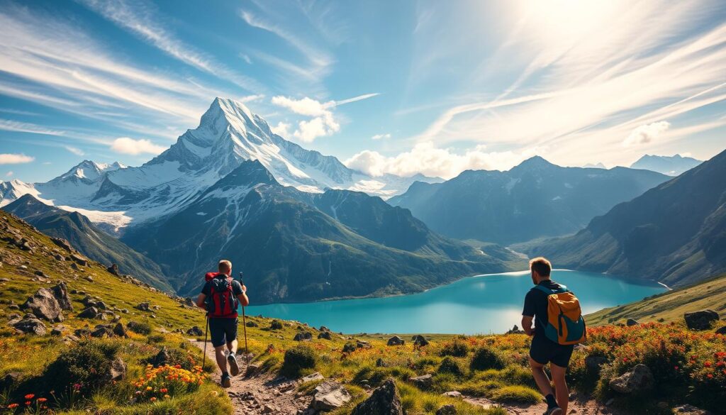 A majestic mountain range, its snow-capped peaks piercing the azure sky. In the foreground, a rugged hiking trail winds through lush alpine meadows, dotted with vibrant wildflowers. Adventurous travelers, backpacks in hand, stride forward, their faces alight with excitement. Warm sunlight filters through wispy clouds, casting a golden glow over the scene. In the distance, a pristine alpine lake reflects the towering mountains, its turquoise waters beckoning the weary to rest and take in the breathtaking panorama. "Travel Vibe" - where your mountain adventures begin.