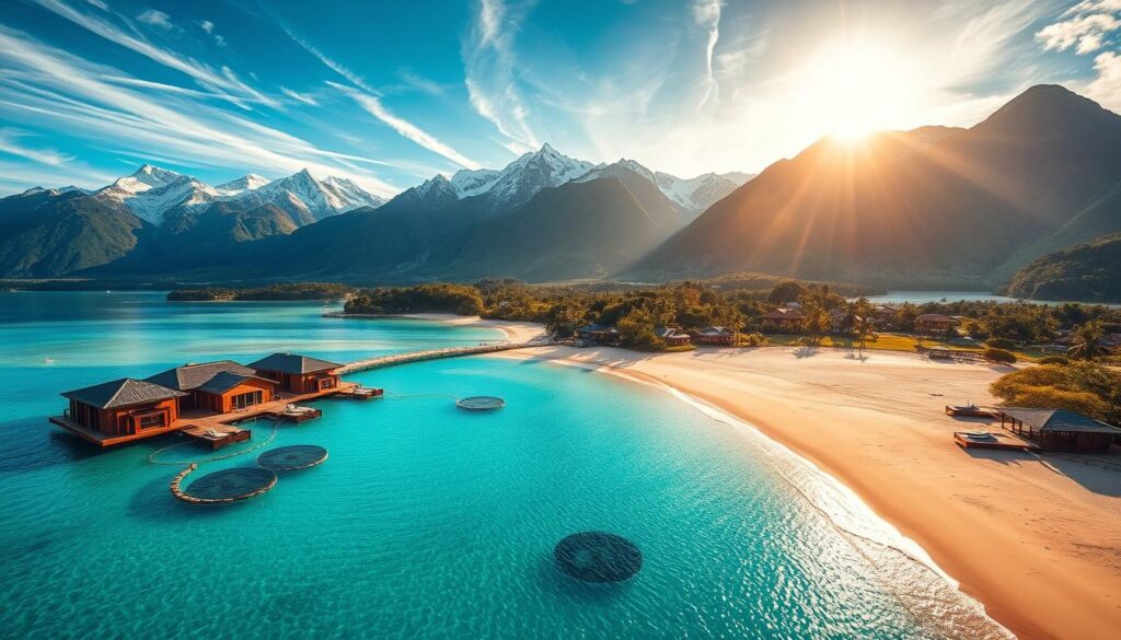 A majestic, panoramic vista of the world's most captivating luxury travel destinations in 2025. In the foreground, a pristine private beach with crystalline turquoise waters and soft, golden sand. Scattered along the shoreline, opulent overwater villas with sleek, modern architecture and private infinity pools. In the middle ground, lush, verdant hills dotted with luxurious eco-lodges and wellness retreats. The background showcases towering, snow-capped mountain peaks, their jagged silhouettes reflected in shimmering alpine lakes. Warm, golden sunlight filters through wispy cirrus clouds, casting a serene, enchanting glow over the entire scene. Captured with a wide-angle lens to showcase the grandeur and scale of these "Travel Vibe" 2025 luxury travel hotspots.