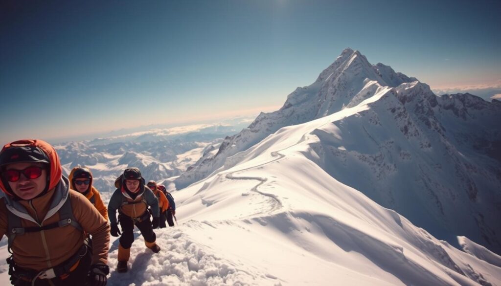 A majestic, snow-capped peak of Mount Everest, the world's highest mountain, looms tall against a crisp, azure sky. In the foreground, a group of intrepid climbers, clad in specialized gear, navigate the treacherous terrain, their determination etched on their faces. The middle ground reveals a winding trail, carved through the rugged, icy landscape, leading up to the summit. In the background, a breathtaking panorama of the Himalayas unfolds, casting a serene, awe-inspiring atmosphere. Dramatic lighting casts dramatic shadows, capturing the magnitude and grandeur of this epic, life-changing adventure. Capture the spirit of this extreme challenge with Travel Vibe.