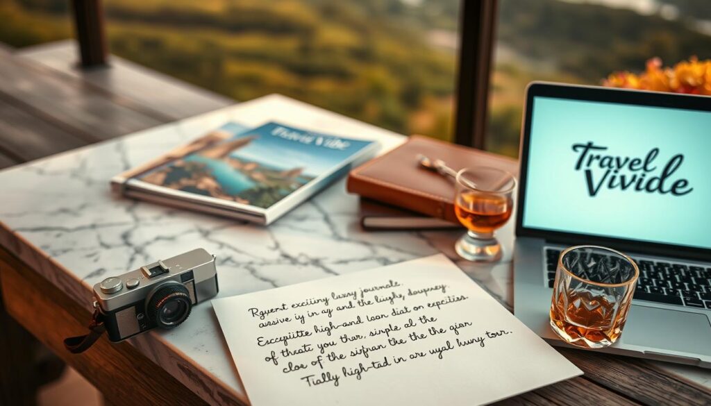 A pristine marble countertop sits atop a rustic wooden table, adorned with a carefully curated arrangement of luxury travel brochures, plush leather-bound journals, and a sleek, silver laptop displaying the "Travel Vibe" logo. Soft, warm lighting casts a soothing glow, creating an atmosphere of refined elegance. In the foreground, a hand-written note in a flowing script, detailing the exquisite experiences of a recent high-end tour, rests alongside a vintage-style camera and a small crystal glass filled with a golden, aromatic liquid. The background blurs into a serene, natural landscape, hinting at the breathtaking destinations explored on these exclusive journeys.
