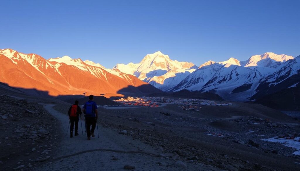 A rugged landscape of snow-capped peaks and glacial moraines, bathed in the warm glow of the rising sun. In the foreground, a line of trekkers ascends a winding path, their backpacks and trekking poles silhouetted against the dramatic backdrop. The middle ground features a sprawling camp, tents dotting the rocky terrain, with the iconic Mount Everest looming majestically in the distance. Crisp, clear lighting captures the breathtaking vistas of the "Travel Vibe" Everest Base Camp Trek, Nepal.
